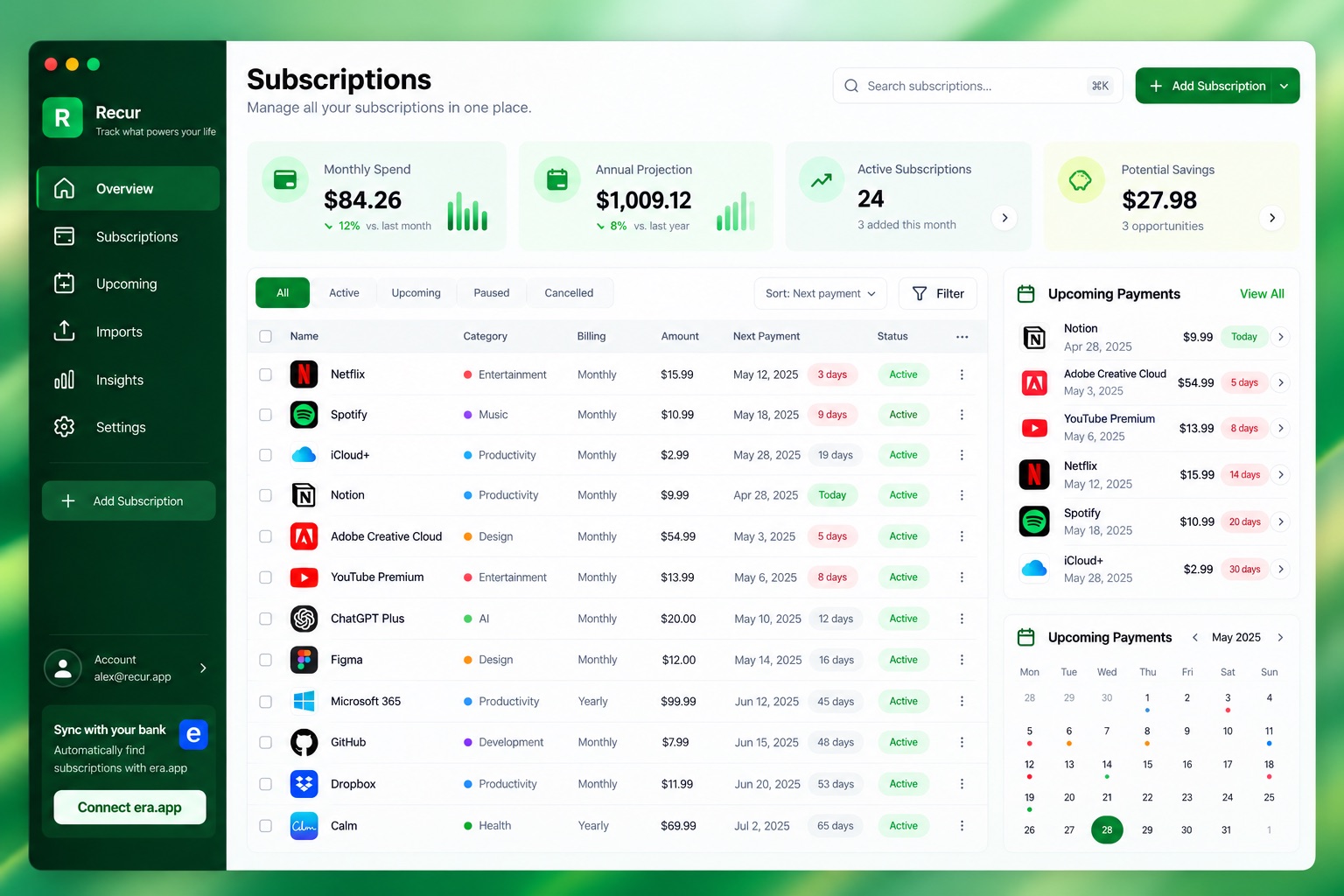 The Recur window. A green sidebar on the left, cards showing monthly spend and yearly cost along the top, a table of subscriptions such as Netflix, Spotify and iCloud+ with their price, billing cycle and next payment date, and a list of upcoming payments with a calendar on the right.